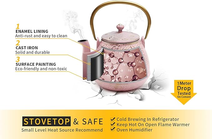 Cast Iron Teapot, TOPTIER Japanese Cast Iron Tea Pot with Infuser for Loose Leaf and Tea Bags, Stovetop Safe Cast Iron Tea Kettle Coated with Enameled Interior for 40 oz (1200 ml), Blush Pink