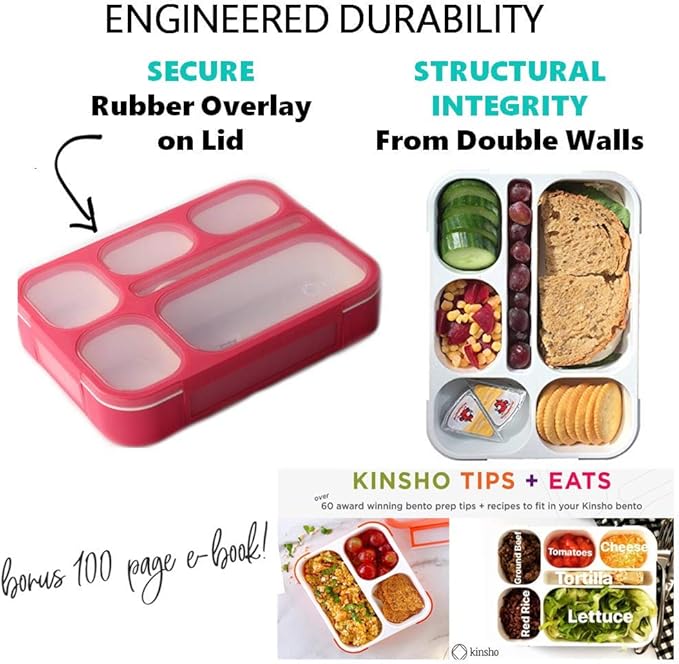Bento-Box Lunch-box Containers for Kids Girls Toddler Women, 6 Compartment School Portion Container Kit, Meal or Snack Boxes for School Daycare Travel, BPA-Free Pink