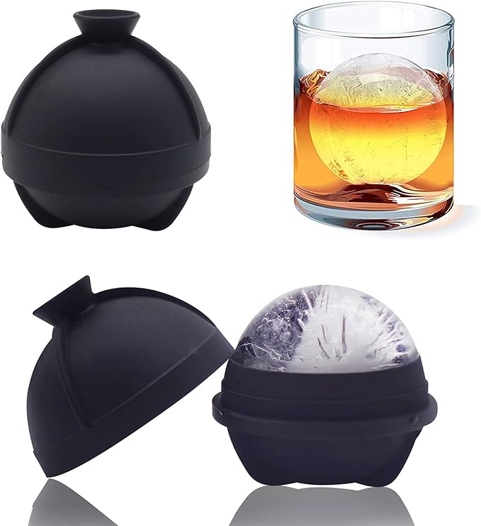 Ice Ball Molds, 2 Pack Sphere Molds With Built-in Funnel, Silicone Freezer Press Maker for 2.5 Inch Round Cubes - Whiskey, Cocktails, Bourbon