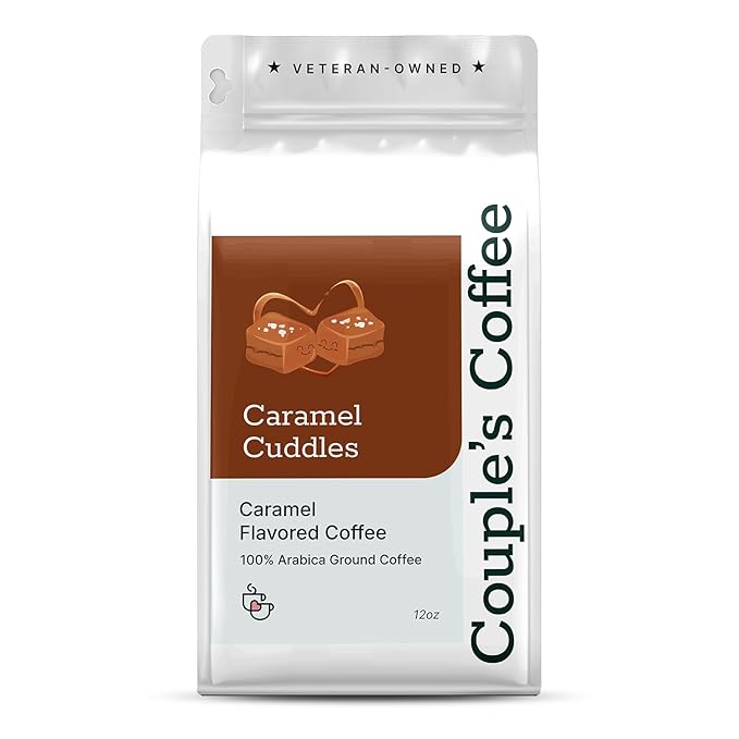 Couple’s Coffee Flavored Ground Coffee | Caramel Flavored Coffee | Gives Back to Military Families | Caramel Cuddles | Made with 100% Arabica Beans | 12oz