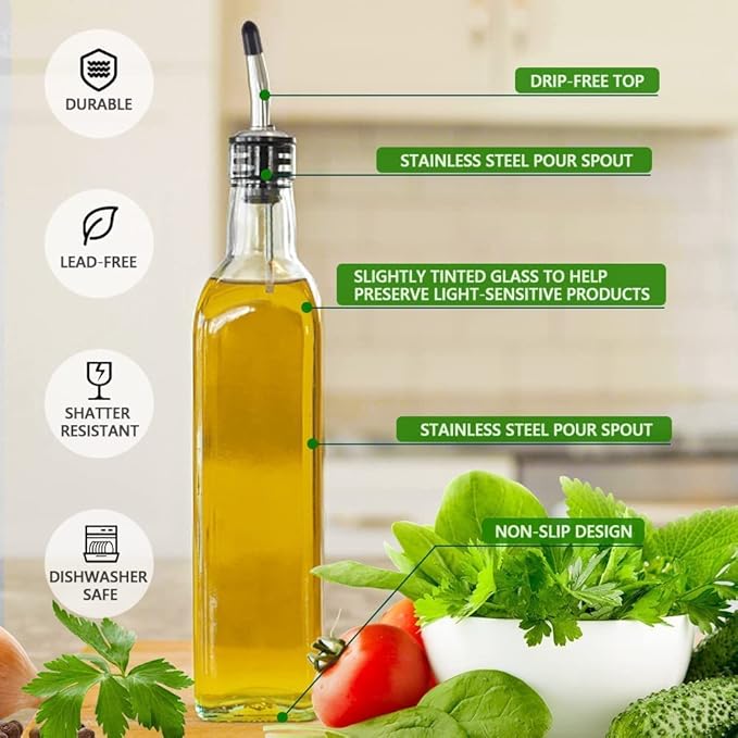 Olive Oil Dispenser Bottle, 1 Pcs Glass Olive Oil Dispenser and Vinegar Dispenser Set with 2 Stainless Steel Pourers, 2 Labels,1 Brush and 1 Funnel Oil Bottles for Kitchen (500ml)