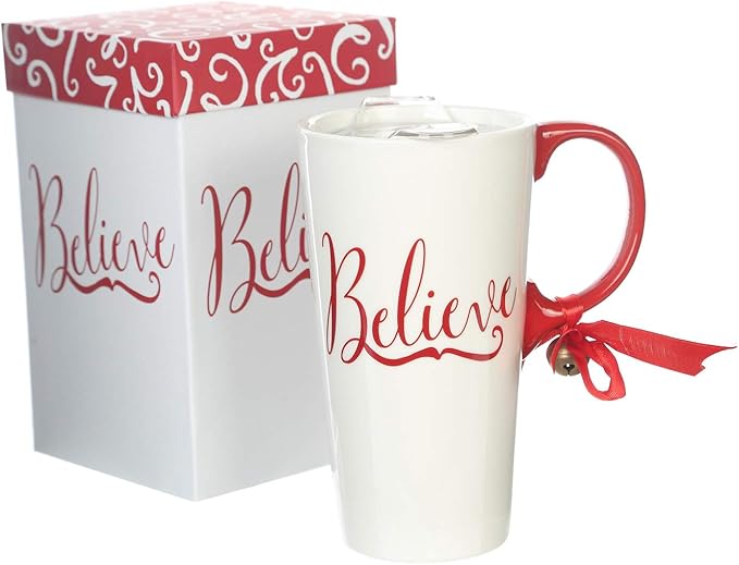 Christmas Ceramic Mug Porcelain Coffee Cup with Tritan Lid and Box,17 oz Bell Decorated (Believe)