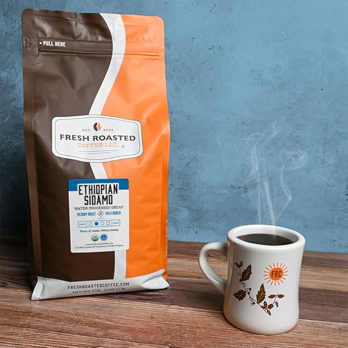 Fresh Roasted Coffee, Organic Ethiopian Sidamo Water-Processed Decaf | USDA Organic, 100% Single Origin, Kosher | Medium Roast 5 lb (80 oz) Whole Bean