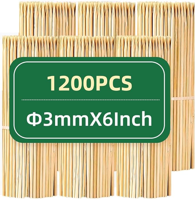 1200PCS 6 inch Bamboo Skewers for wooden sticks， BBQ，Appetiser，Fruit，Cocktail，Kabob，Chocolate Fountain，Grilling，Kitchen，crafting and Party. Φ=3mm, More Size Choices 6"/8"/10"/12"/36"