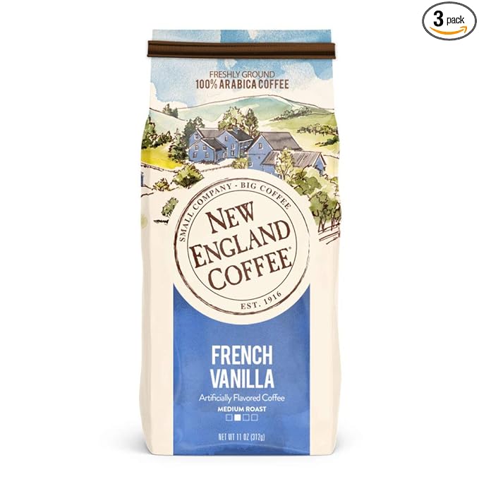 New England Coffee French Vanilla Medium Roast Ground Coffee, 11oz Bag (Pack of 3)