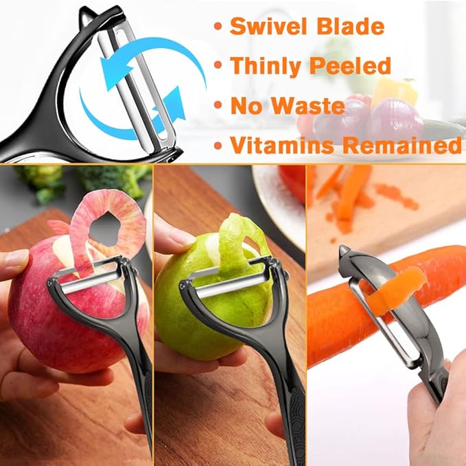 Vegetable Peeler, Potato Peelers for Kitchen Stainless Steel Multi-function Set Fruit Peeler For Kitchen and Household Tools Y & I Shape Swivel Blades with 2 Orange Citrus Peelers(Black)