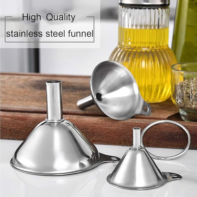 Metal Stainless Steel Funnel, Large Medium Small Funnel Set of 3, Food Grade Mini Kitchen Funnels for Transferring Essential Oils, Liquid, Fluid, Small Funnels for Filling Bottles Flask Cooking