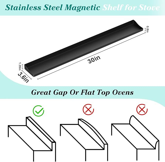 30" Magnetic Stove Top Shelf - Stainless Steel Magnetic Spice organizer for above the Over stove shelf kitchen small space solutions