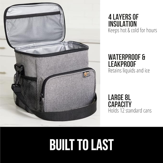 GORILLA GRIP Reusable Insulated Lunch Box Bag for Women Men, Large Leakproof Soft Cooler Bags, Multiple Compartments, Mesh Pockets, Adjustable Strap, Food Tote Keeps Drinks Cold, 8L, 10x9, Light Gray