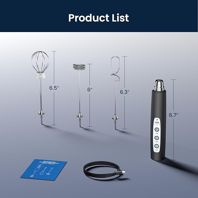 Milk Frother Rechargeable Handheld-Electric Whisk 3 Speed Adjustable, Frother Wand Coffee with 3 Stainless Whisks, Electric Foam Maker, Drink Mixer Blender for Latte Cappuccino Matcha Egg