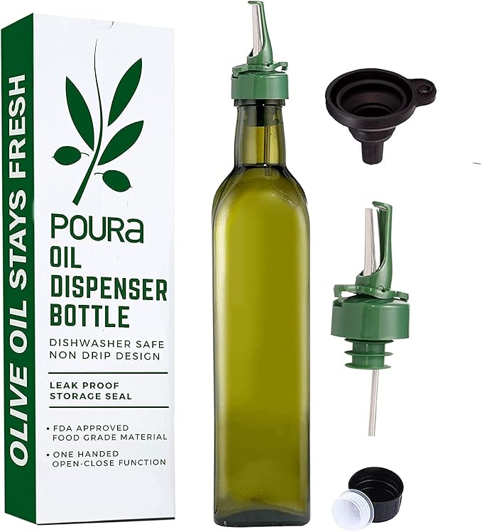 Poura Glass Olive Oil Bottle Drizzler with Pourer Spout - BPA Free Hygienic Open and Close Pourer Prevents Oxidation Keeping Olive Oil Fresh - Includes Funnel for No Mess Or Wastage