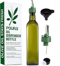 Poura Glass Olive Oil Bottle Drizzler with Pourer Spout - BPA Free Hygienic Open and Close Pourer Prevents Oxidation Keeping Olive Oil Fresh - Includes Funnel for No Mess Or Wastage