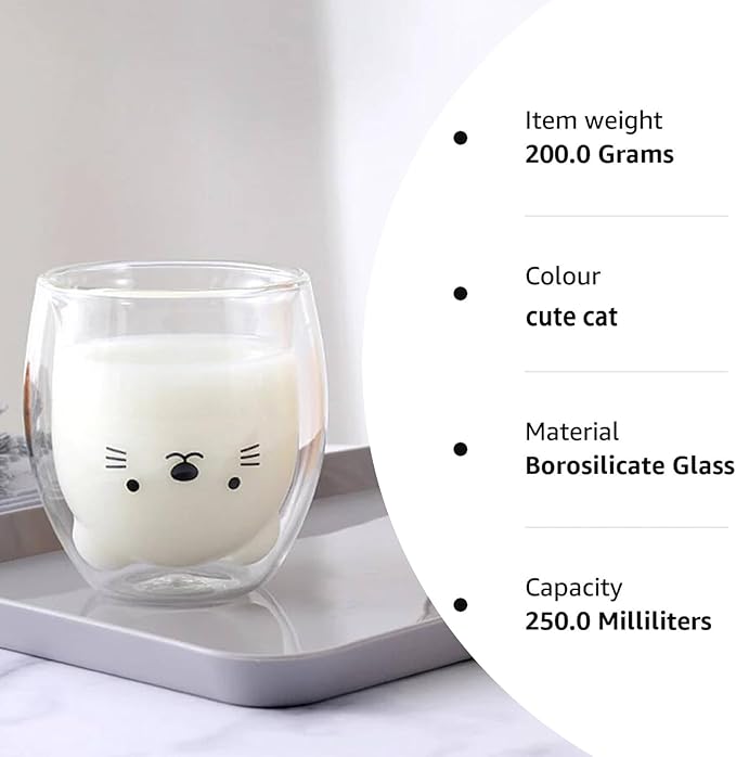 Cat Mug Cute Mugs Glass Double Wall Insulated Glass Espresso Cup, Kawaii Cup, Coffee Cup, Tea Cup, Milk Cup, Best gift for Office and Personal Birthday Christmas (Cat)