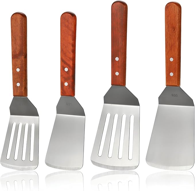 4 Pack Stainless Steel Spatula Set, 2 Sizes Metal Spatulas for Kitchen Use, Hevy Duty Solid & Slotted Turner with Wooden Handle, Flat Top Grill Spatula for Egg, Hamburger, Fish, Cooking, BBQ