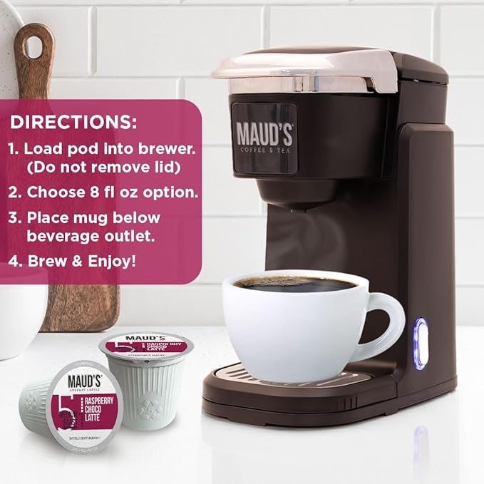 Maud's Raspberry Chocolate Flavored Coffee Pods, 50 ct, Medium Roast Flavored Coffee in Recyclable Single Serve Pods – 100% Arabica Beans, Compatible with Keurig K Cups Maker