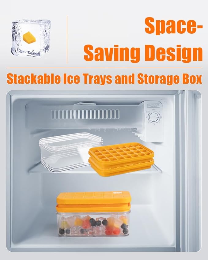 Brigii Ice Cube Tray with Lid&Bin, Ice Cube Mold with 56 Cubes, Stackable Ice Trays for Freezer with Easy-Release Silicone Bottom, for Drinks, Coffee, cocktail