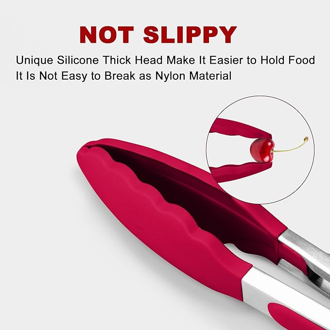 Premium Stainless Steel Food Tongs, 9-Inch & 12-Inch Wine Red Silicone BPA Free Non-Stick BBQ Cooking Grilling Locking Kitchen Tong