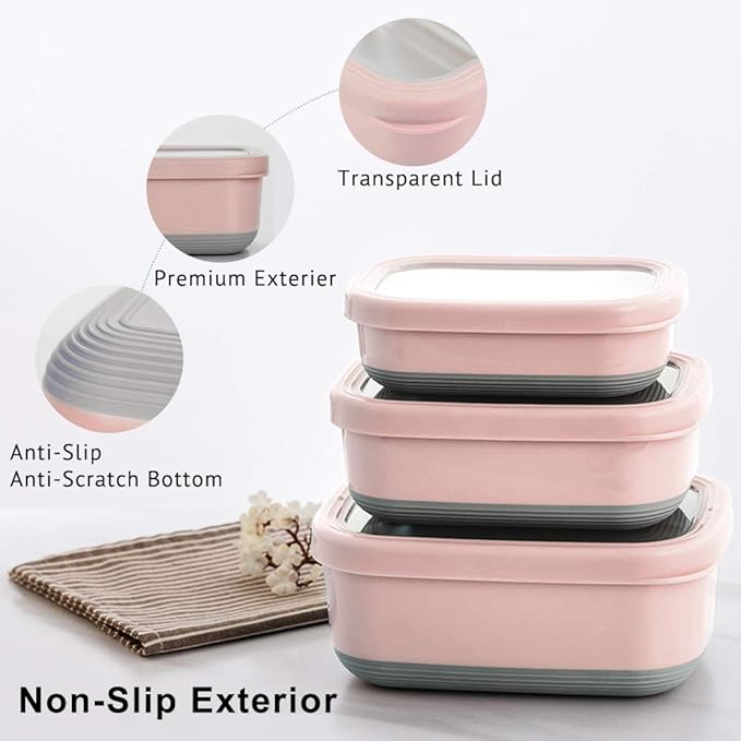 Lille Home Leak Proof Stainless Steel Lunch Snack Containers Set - Ideal for Educational Settings and Daycare - Nesting Trio with Silicone Lids - 47oz+30oz+16oz - Pink