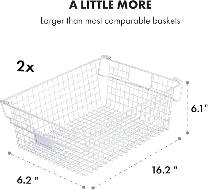 Granrosi Extra Large Stackable Wire Baskets for Organizing — Set of 2 White Wire Storage Baskets with Handles; Snacks & Chips Organizer for Pantry; XL Metal Storage Bins for Pantry