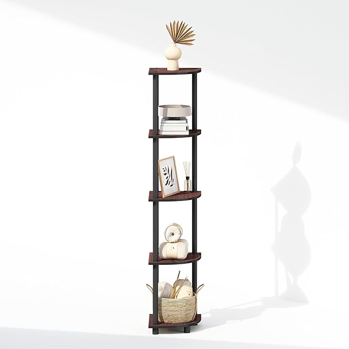 Furinno Turn-N-Tube Corner Shelf, 5-Tier Corner Bookshelf, Open Storage Shelves, for Organization and Storage, Living Room, Home Office, Garage, Bedroom, Dark Cherry