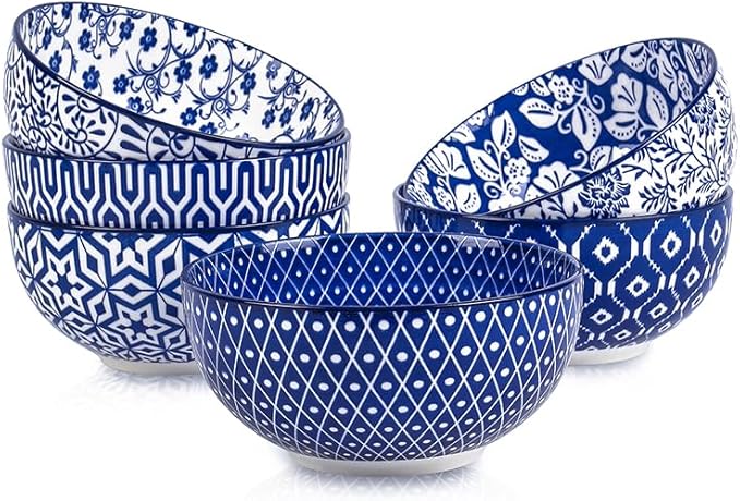 Selamica Ceramic 12 OZ Dessert Bowls Set, Ice Cream Bowls, 4.7 Inch Small Bowls for Snack, Side Dishes, Rice, Microwave Dishwasher Safe, Set of 6, Vintage Blue