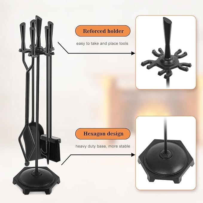 Gtongoko 5 Pcs Fireplace Tools Set 32" Black Wrought Iron Large Fire Tool Set for Outdoor/Indoor Include Chimney Poker, Rustic Tongs, Shovel, Antique Brush and Stand Accessories Set