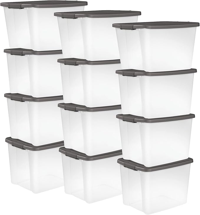 Sterilite 12-Pack 50 Quart ShelfTote, Clear Plastic Storage Organizer Bins with Gray Lids – Stackable Home and Office Containers for Closet or Shelves