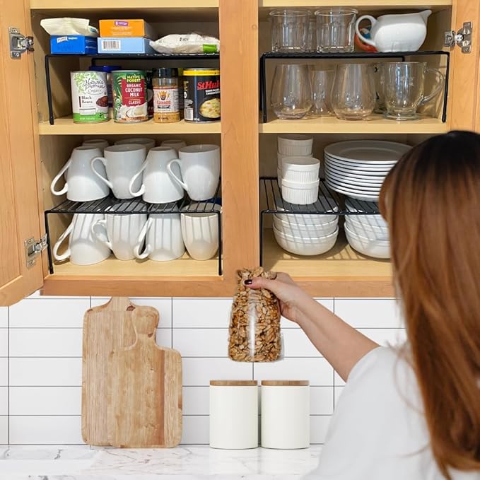 Evelots Kitchen Cabinet Wire Shelf Organizer/Rack - 4 Pack Sturdy Large Metal Shelf Risers - Double Your Counter Space - Great for Kitchen, Freezer, Pantry and Bathroom - Rustproof - Black