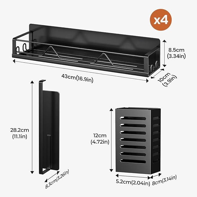 16.9 Inch Wide Large Capacity Magnetic Spice Rack for Refrigerator, 6 Pack Metal Fridge Shelf, Black