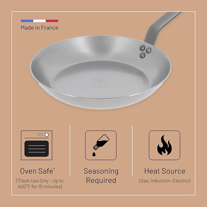De Buyer MINERAL B Carbon Steel Fry Pan - 9.5” Diameter, 6.9” Cooking Surface - Ideal for Searing, Sauteing & Reheating - PFAS, PFOA & PFOS Free - Made in France