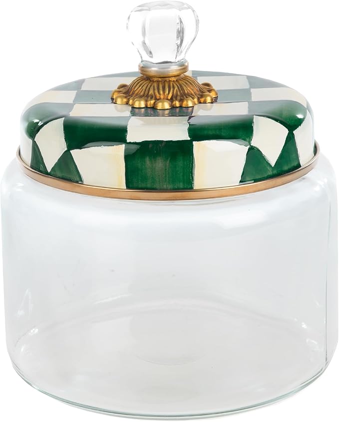 MACKENZIE-CHILDS Medium Kitchen Canister, Decorative Glass Storage Jar with Lid, Green-and-White Emerald Check