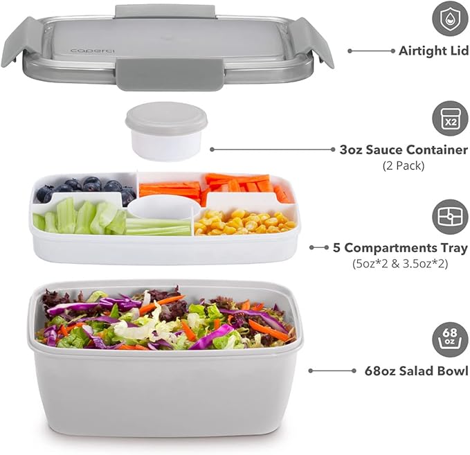 Caperci Large Salad Container for Lunch - Better Adult Bento Lunch Box 68 oz, 5-Compartment Tray, 2pcs 3-oz Sauce Cups, Stackable, BPA-Free (Gray)