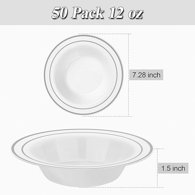 200 Pack Disposable Soup Bowls with Silver Rim, 12oz Premium Heavy Duty Plastic Dinner Bowls for Party, Wedding and Holiday