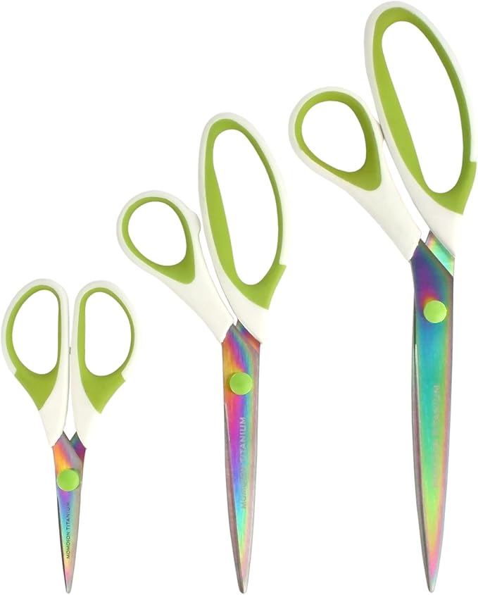 BambooMN Titanium Softgrip Scissors Set for Sewing, Arts, Crafts, Office - 30 Sets of 3 - White w/Green Inlays