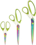 BambooMN Titanium Softgrip Scissors Set for Sewing, Arts, Crafts, Office - 30 Sets of 3 - White w/Green Inlays