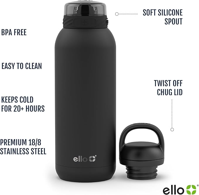 Ello Cooper 40oz Stainless Steel Water Bottle with 2 Lids Chug and Straw | Leak Proof | Double Walled and Vacuum Insulated | Built in Carry Loop | Dishwasher Safe | Yucca
