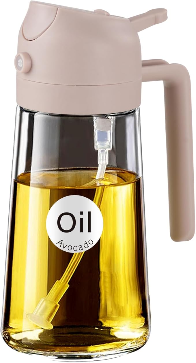 YARRAMATE 16oz/470ml Glass Olive Oil Sprayer for Cooking with Stickers, 2 in 1 Oil Dispenser for Kitchen Gadgets, Food Grade Premium Spray Bottle for Salad, Frying, BBQ (LotusRootPink)