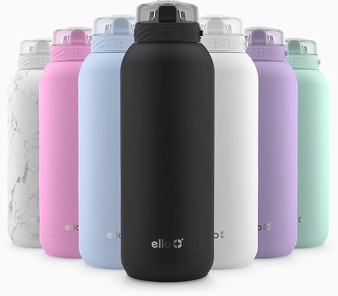 Ello Cooper 18oz Kids Stainless Steel Water Bottle with Straw and Carry Handle, Double Walled and Vacuum Insulated Metal, Leak Proof Locking Lid with Soft Silicone Spout, Reusable, BPA Free, Black