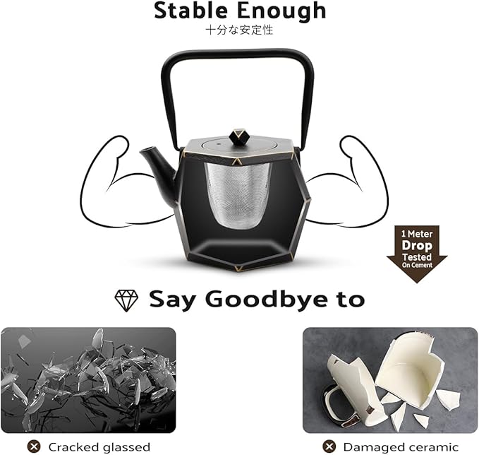 Toptier Cast Iron Teapot, Stovetop Safe Japanese Cast Iron Tea Kettle, Diamond Design Tea Pot with Removable Infuser for Loose Tea, 30 Ounce (900 ml), Black