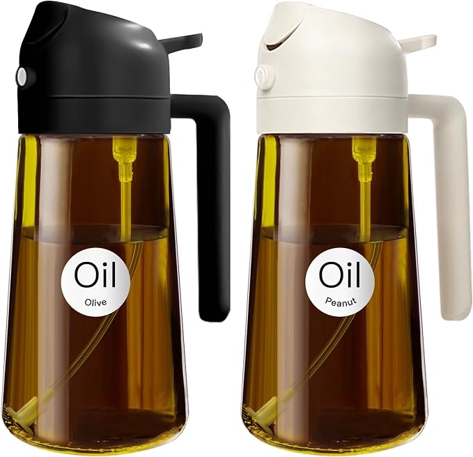 YARRAMATE 2PCS 16oz/470ml Oil Sprayer for Cooking with Stickers, Food-Grade 2 in 1 Olive Oil Dispenser Bottle for Kitchen, Premium Dark AmberGlass Oil Bottle for Air Fryer, BBQ (Black & White)