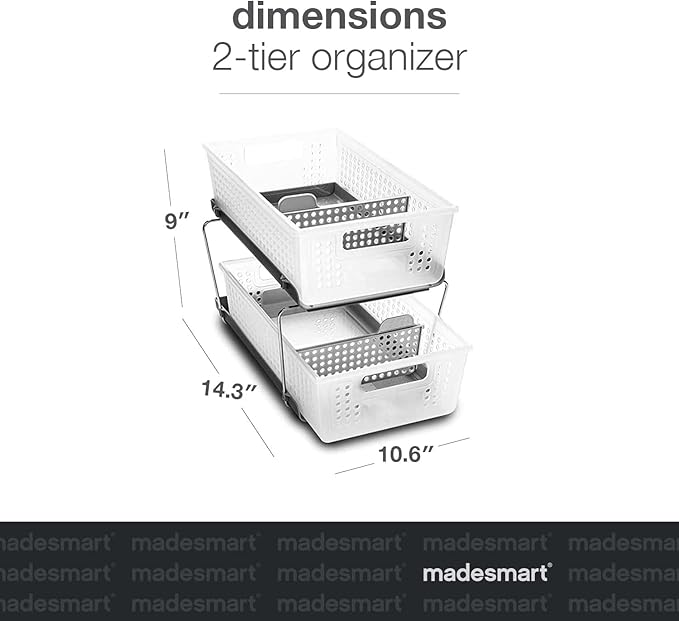 madesmart 2-Tier Organizer, Multi-Purpose Slide-Out Storage with Handles and Dividers for Home and Bath, Easy Assembly, BPA Free, Frost