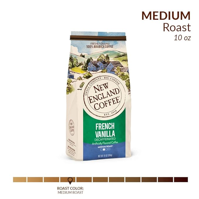 New England Coffee French Vanilla Decaffeinated Medium Roast Ground Coffee, 10oz Bag (Pack of 2)