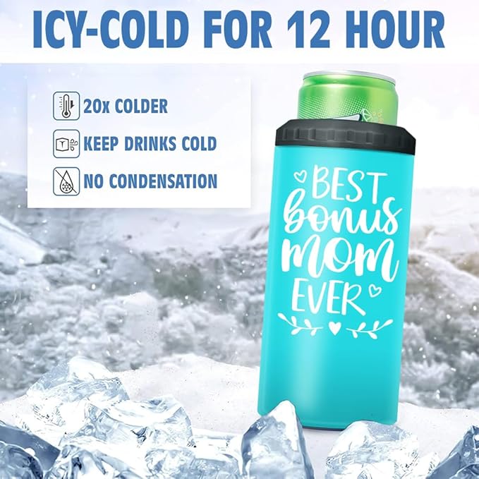 SANDJEST 4-in-1 Mom Tumbler Can Cooler Gifts for Mom from Stepson, Stepdaughter - 12oz Best Bonus Mom Ever Stainless Steel Insulated Cans Coozie Cup Mug Christmas, Birthday, Mother's Day Gifts