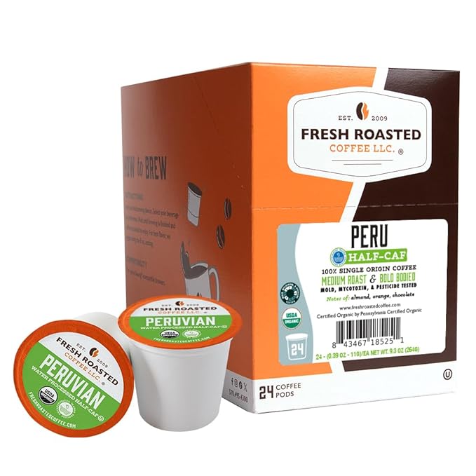 Fresh Roasted Coffee, USDA Organic Peru Water-Processed Half-Caf | 3rd Party Tested for Pesticides, Mold, Mycotoxins, Kosher | 100% Arabica, Specialty Grade, Med Roast 24 Pods for K Cup Brewers
