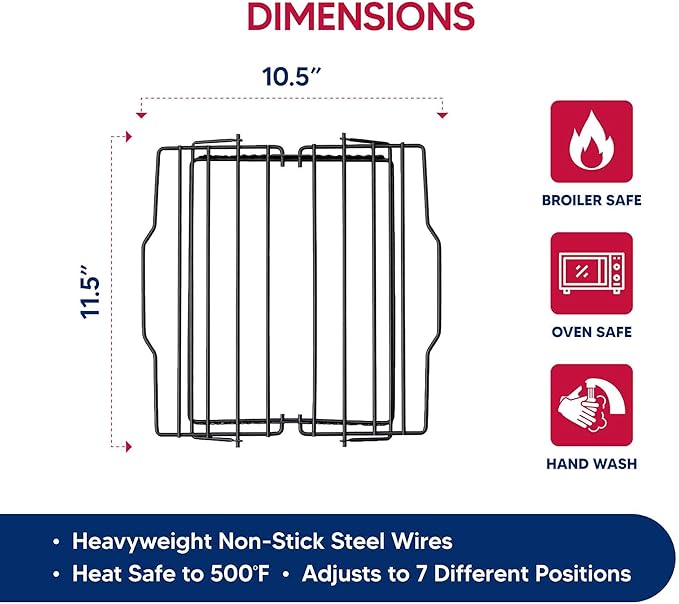 HIC Kitchen Roasting Adjustable Baking Rack, Nonstick-Coated Steel, Adjusts to 7 Different Positions, 11.5 x 10.5 x 0.5-Inches