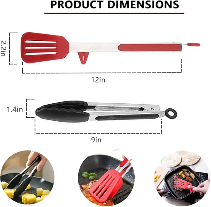 Silicone Tip Kitchen Tongs - 9 & 12 Inch with Locking Handle, Heat Resistant Stainless Steel for Grilling, Serving, BBQ, Non-Stick Pans (Black & Red)