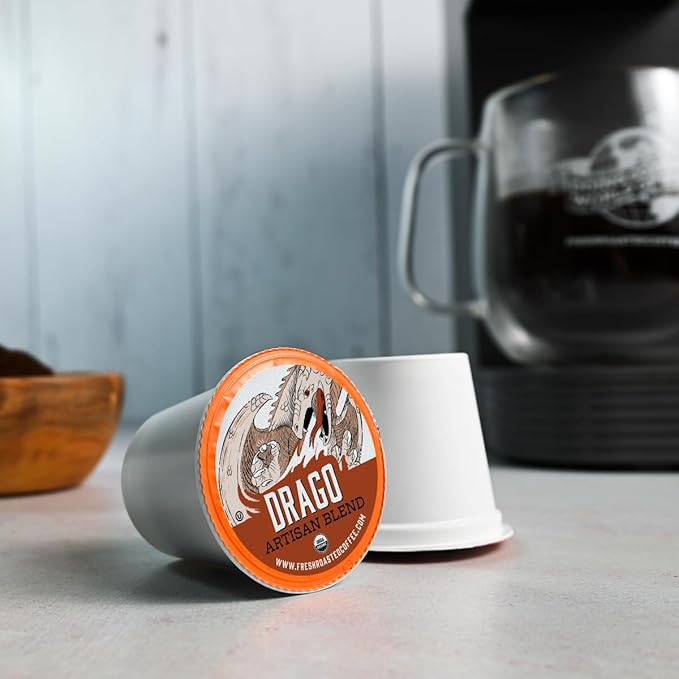 Fresh Roasted Coffee, Organic Drago Café Blend | USDA Organic, Kosher | Medium Roast 24 Pods for K Cup Brewers