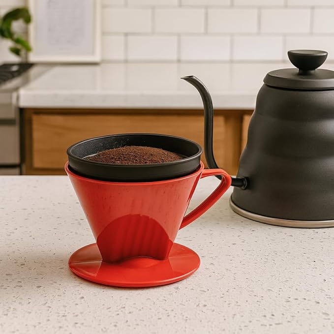 Fino Pour-Over Reusable Coffee Brewing Cone with Gold-Toned Mesh Permanent Coffee Filter, Number 2-Size, Red