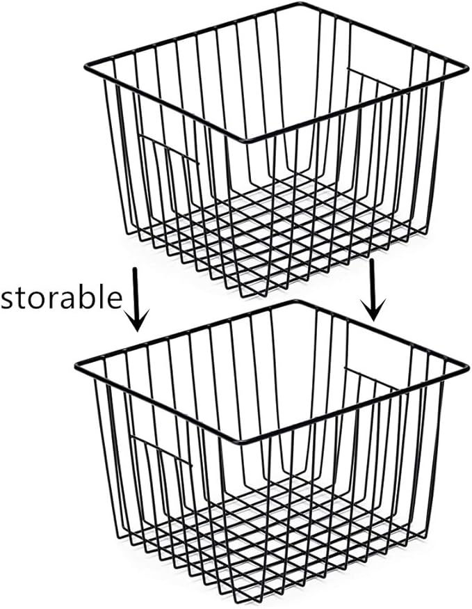 Slideep Refrigerator Freezer Organizer Wire Storage Basket , Farmhouse Food Wire Bins Container with Handles for Kitchen, Pantry, Freezer, Cabinet, Car, Bathroom Black 4 Pack