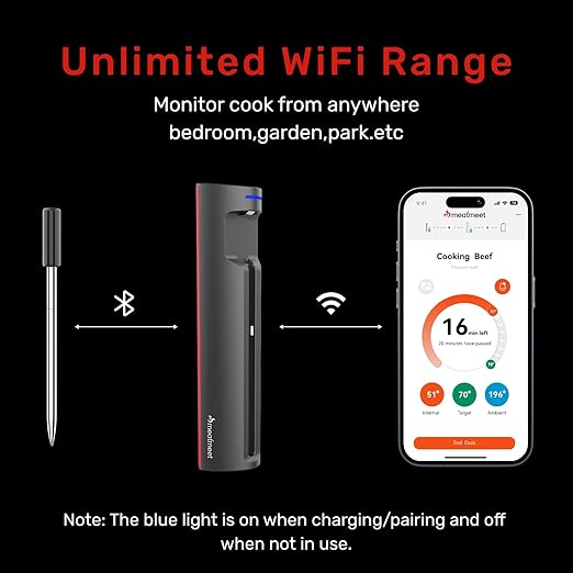 WiFi Meat Thermometer | Long-Range Wireless Probe for Oven, Grill, Air Fryer, BBQ | Smart APP | Dual Sensors | IP67 Waterproof